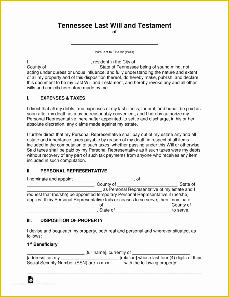 Last Will and Testament Free Template Tennessee Of Free Tennessee Last Will and Testament Template Word