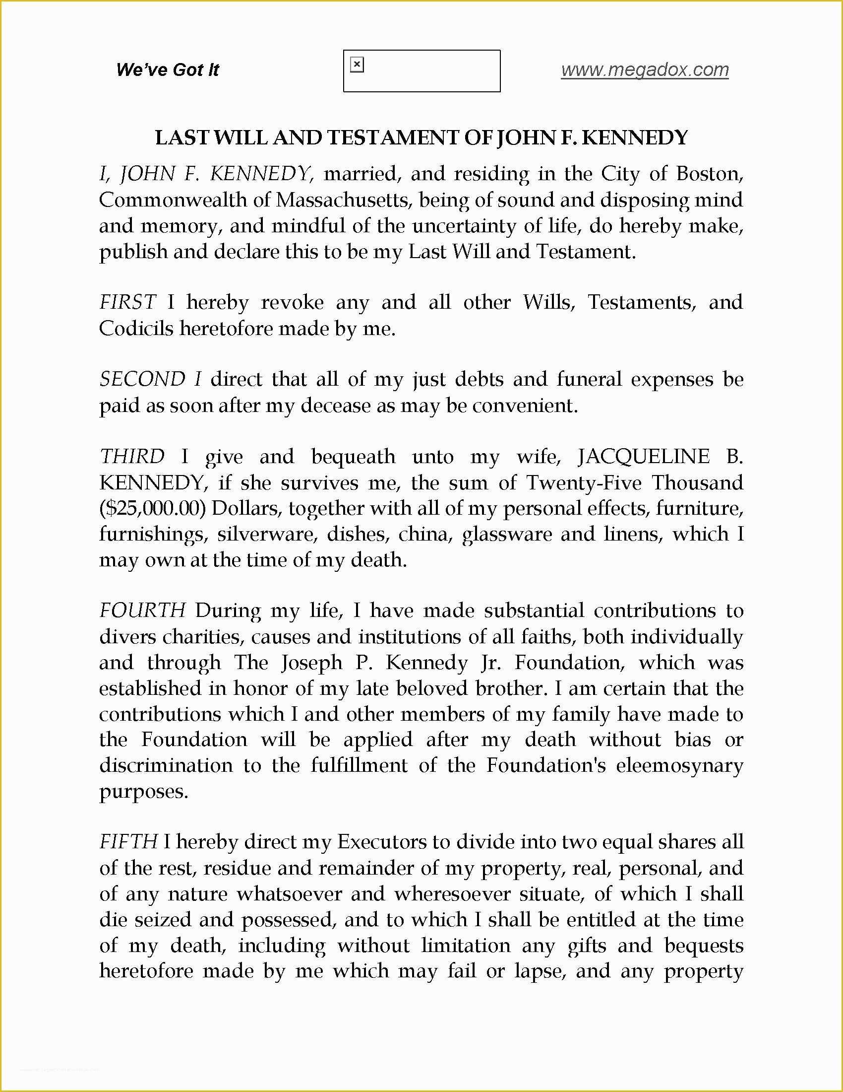 Last Will and Testament Free Template Tennessee Of John Fitzgerald Kennedy Last Will and Testament