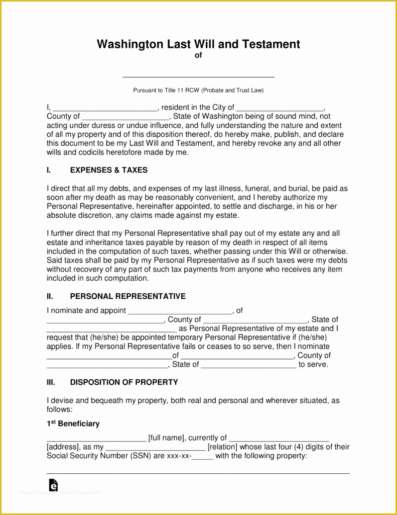 Last Will and Testament Free Template Washington State Of Free Washington Last Will and Testament Template Pdf