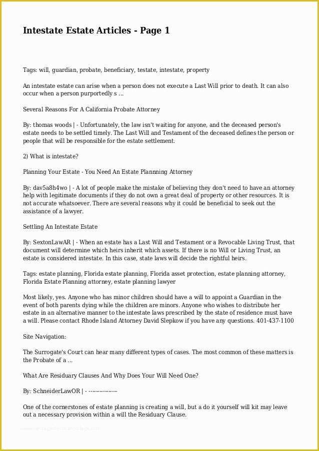 Last Will and Testament Free Template Washington State Of Intestate Estate Articles Page 1