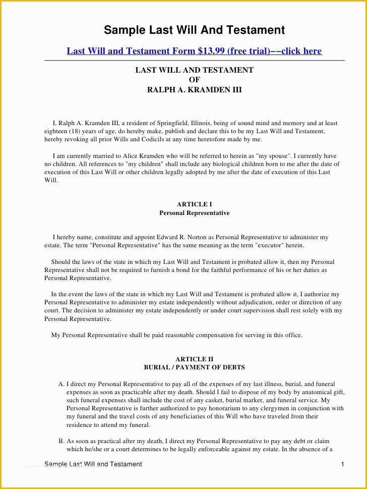 Last Will and Testament Free Template Washington State Of Sample Last Will and Testament