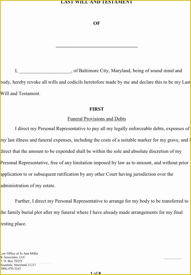 Last Will and Testament Template Maryland Free Of Maryland Will Template Will and Last Testament Template
