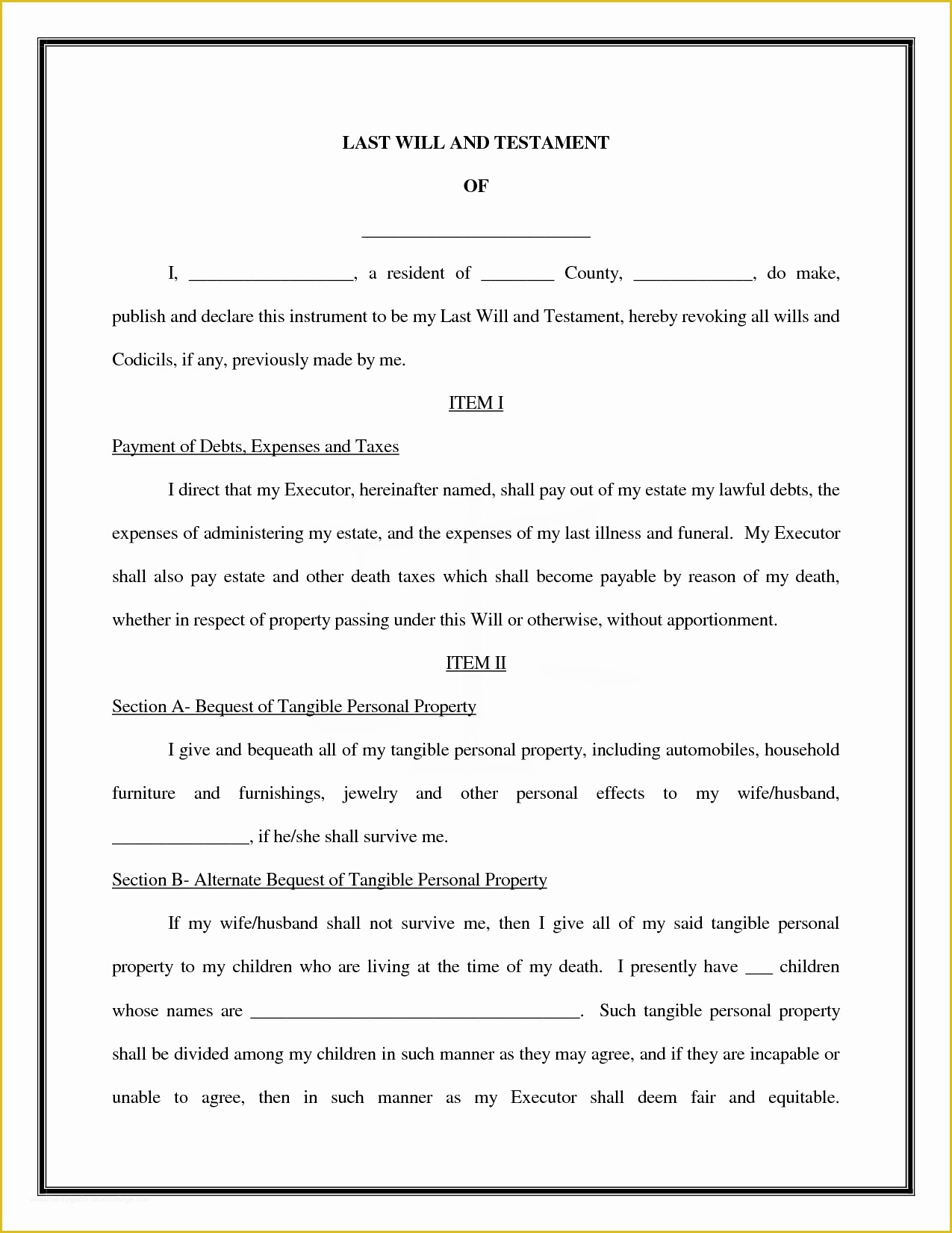 Texas Last Will And Testament Free Template
