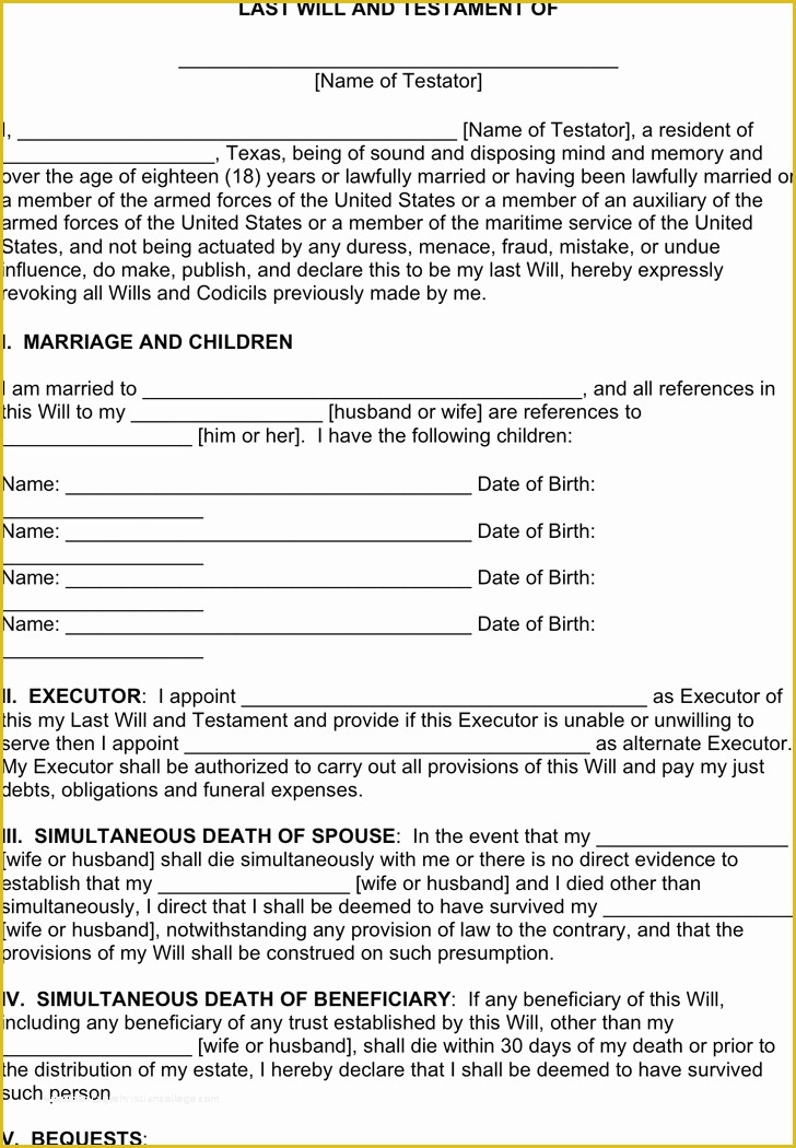 Last Will and Testament Texas Free Template Of Free Texas Last Will and Testament form Pdf 29kb