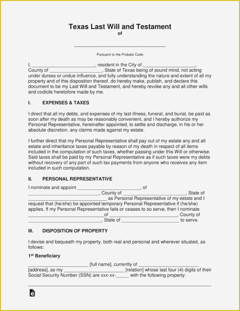 Last Will and Testament Texas Free Template Of Free Texas Last Will and Testament Template – Pdf