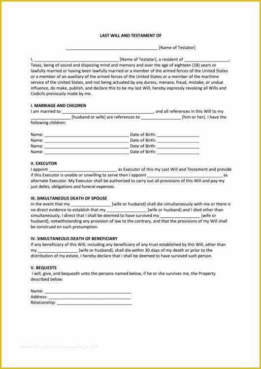 Last Will and Testament Texas Free Template Of Last Will and Testament form Texas Printable Pdf