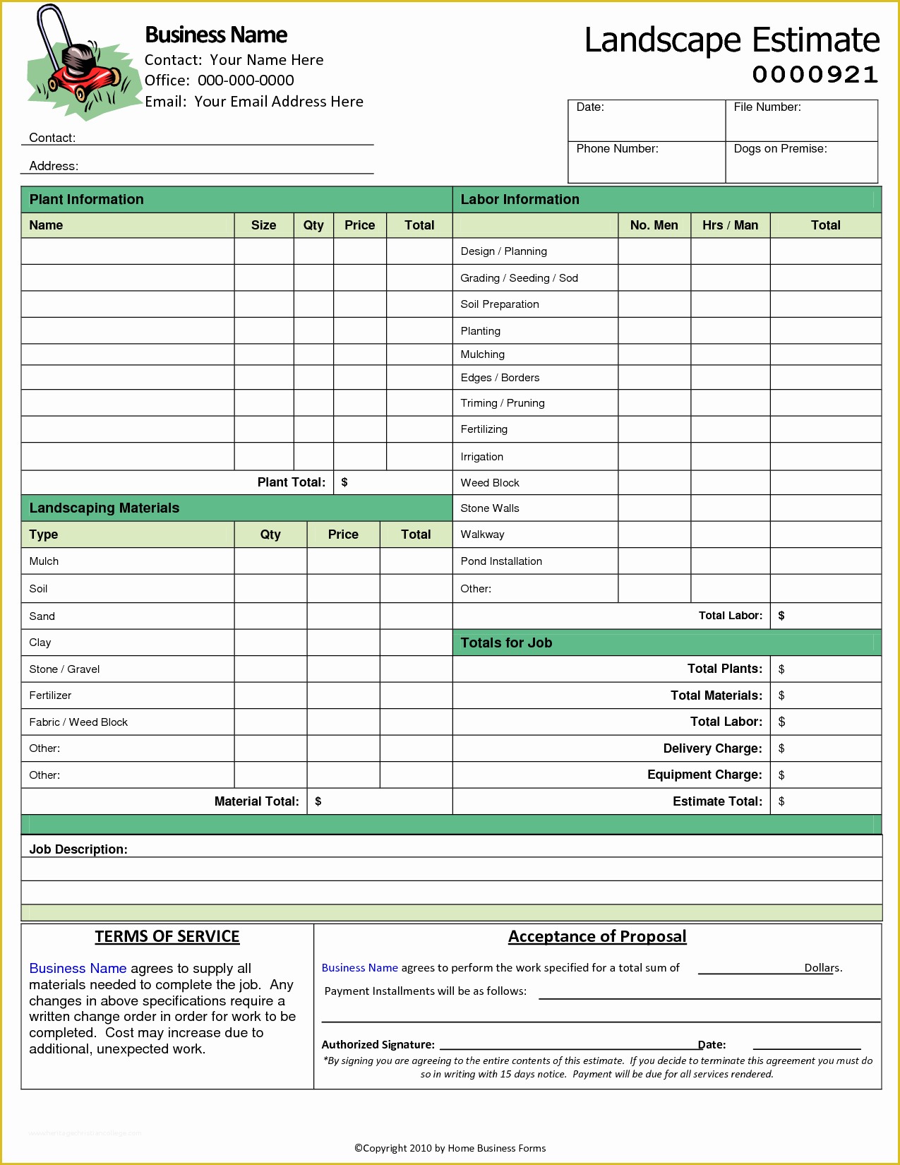 Lawn Service Proposal Template Free Of 8 Best Of Printable Landscape Estimate forms Lawn