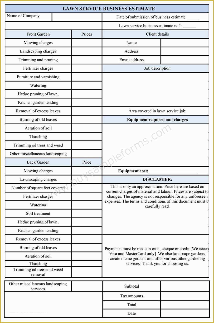 Lawn Service Proposal Template Free Of Lawn Mowing Estimate Templates