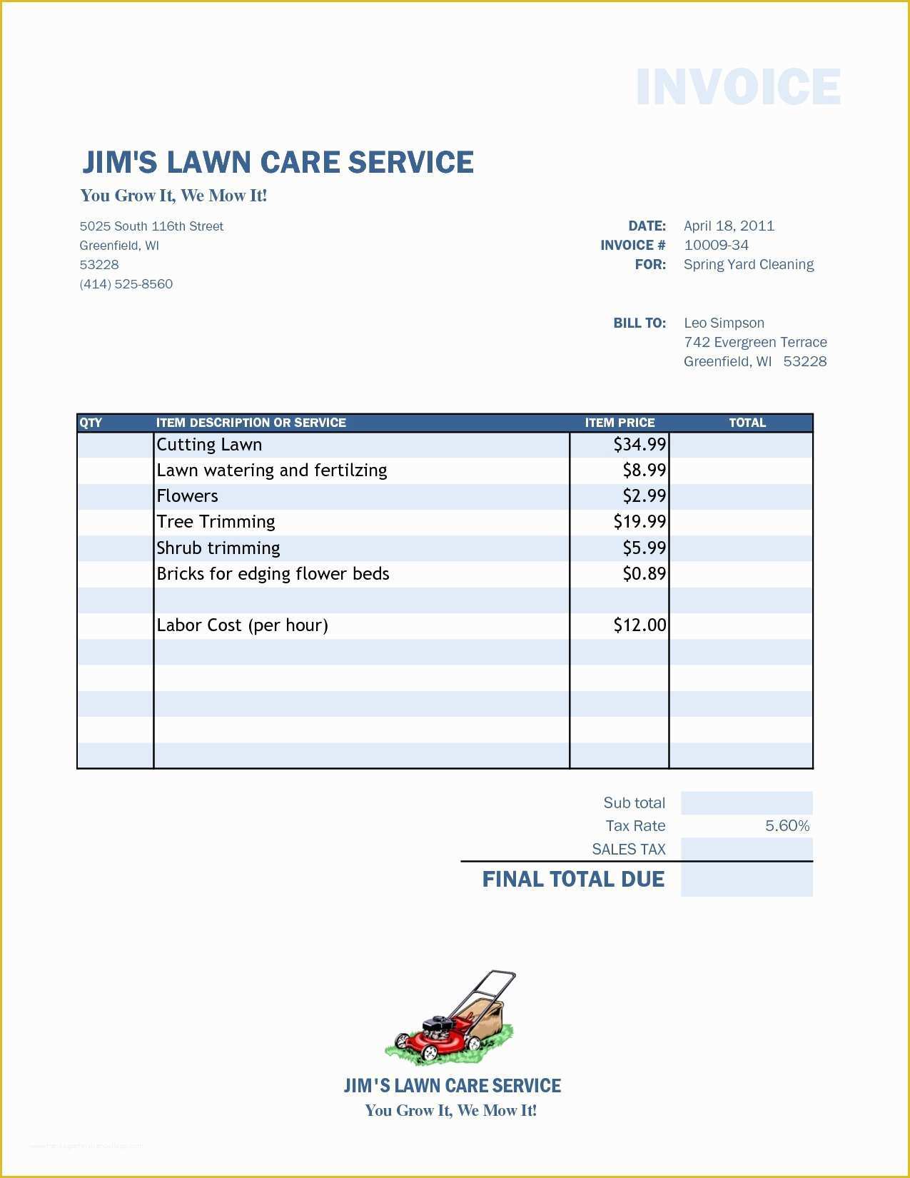 Lawn Service Template Free Of Lawn Care Invoice Template