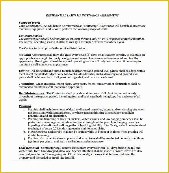 Lawn Service Template Free Of Lawn Service Contract Template 10 Download Documents In