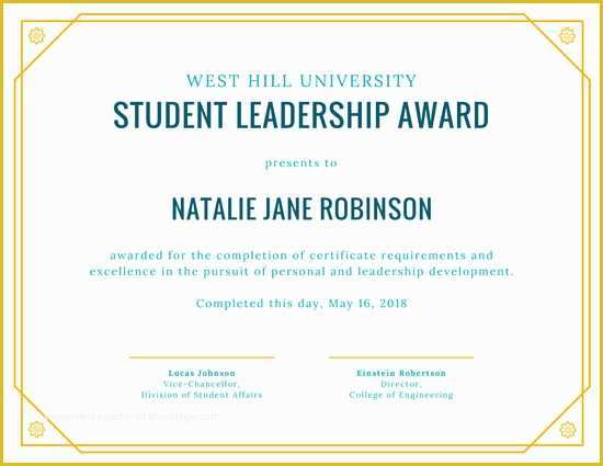 Leadership Award Certificate Template Free Of Yellow Student Leadership Award Certificate Templates by
