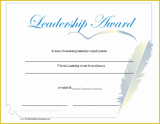 Leadership Certificate Template Free Of A Leadership Award with A Blue Script Title and A Feather