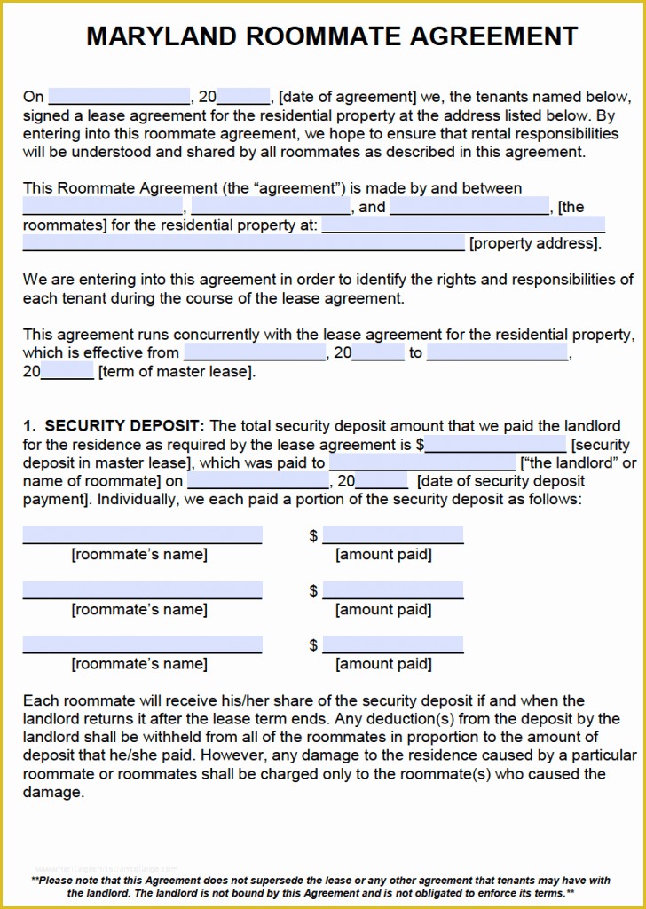 Lease Template for Free Of Free Maryland Roommate Agreement Template – Pdf – Word