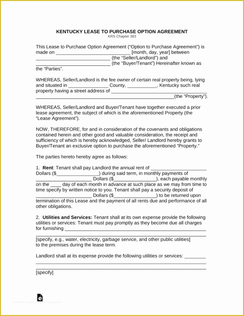 Lease to Own Agreement Template Free Of Free Kentucky Lease Agreement with Option to Purchase form