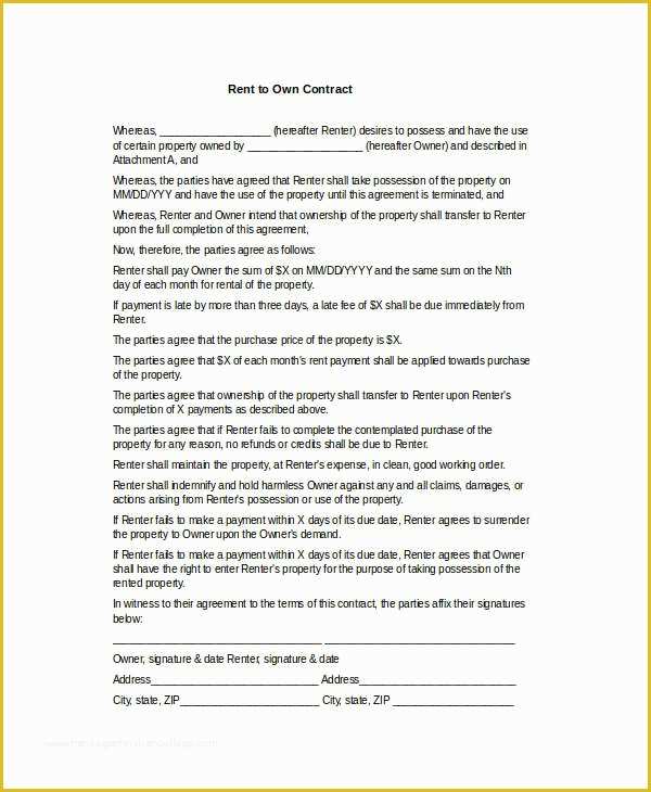 Lease to Own Agreement Template Free Of Rent to Own Contract Template 9 Free Word Excel Pdf