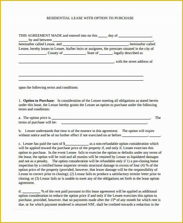 Lease to Own Agreement Template Free Of Rent to Own Contract Template 9 Free Word Excel Pdf