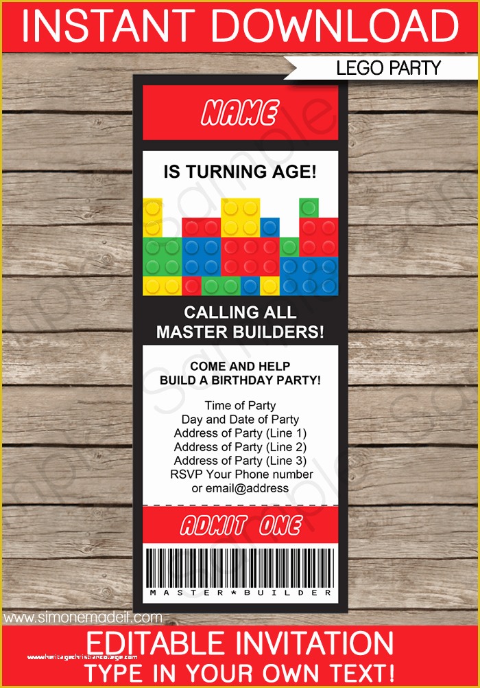 Lego Invitation Template Free Download Of Lego Ticket Invitations Birthday Party