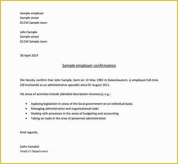 Letter Confirming Employment Free Template Of 15 Letter Of Employment Templates Doc Pdf