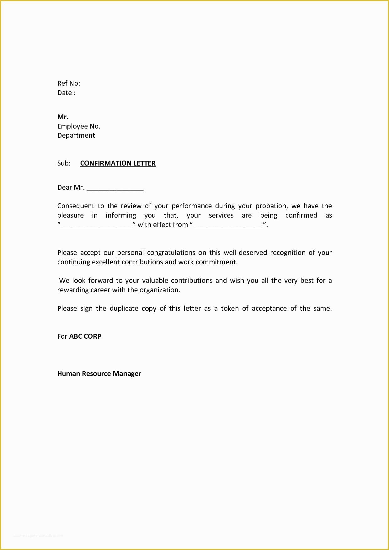 Letter Confirming Employment Free Template Of Employee Probation Confirmation Letter Template