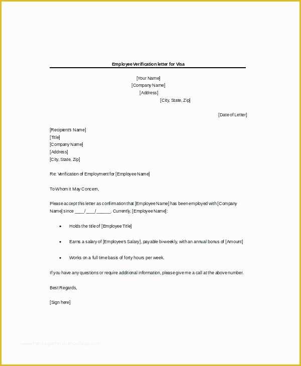 Letter Confirming Employment Free Template Of Employee Verification Letter Template for Visa Employment