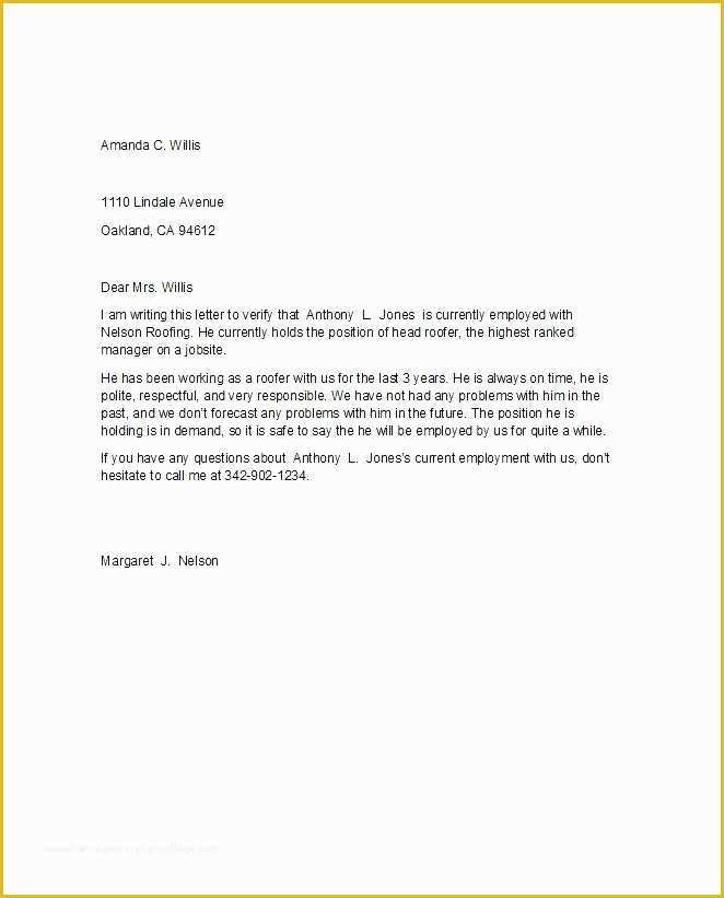 Letter Confirming Employment Free Template Of Sample Re Mendation Letter for Job From Employer within
