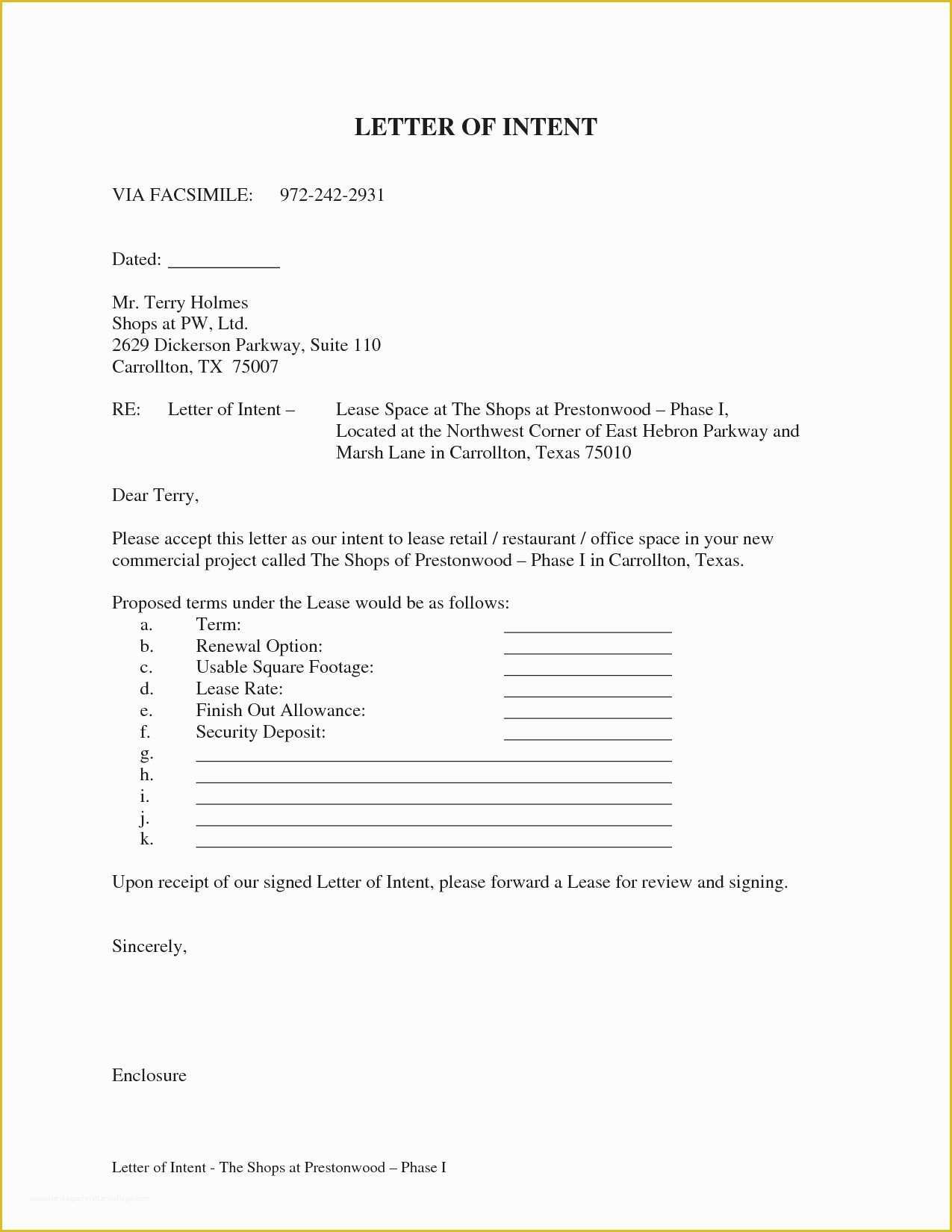 Letter Of Intent to Lease Template Free Of Free Letter Intent to Lease Mercial Space Template