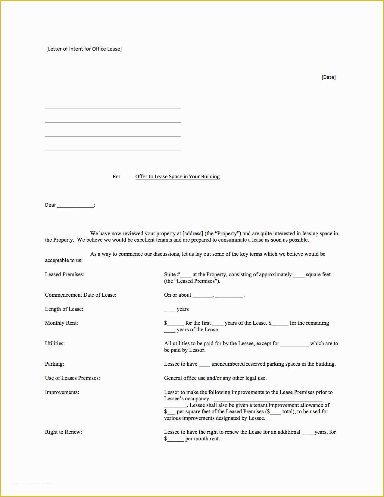 Letter Of Intent to Lease Template Free Of Lease Mencement Letter Template Samples