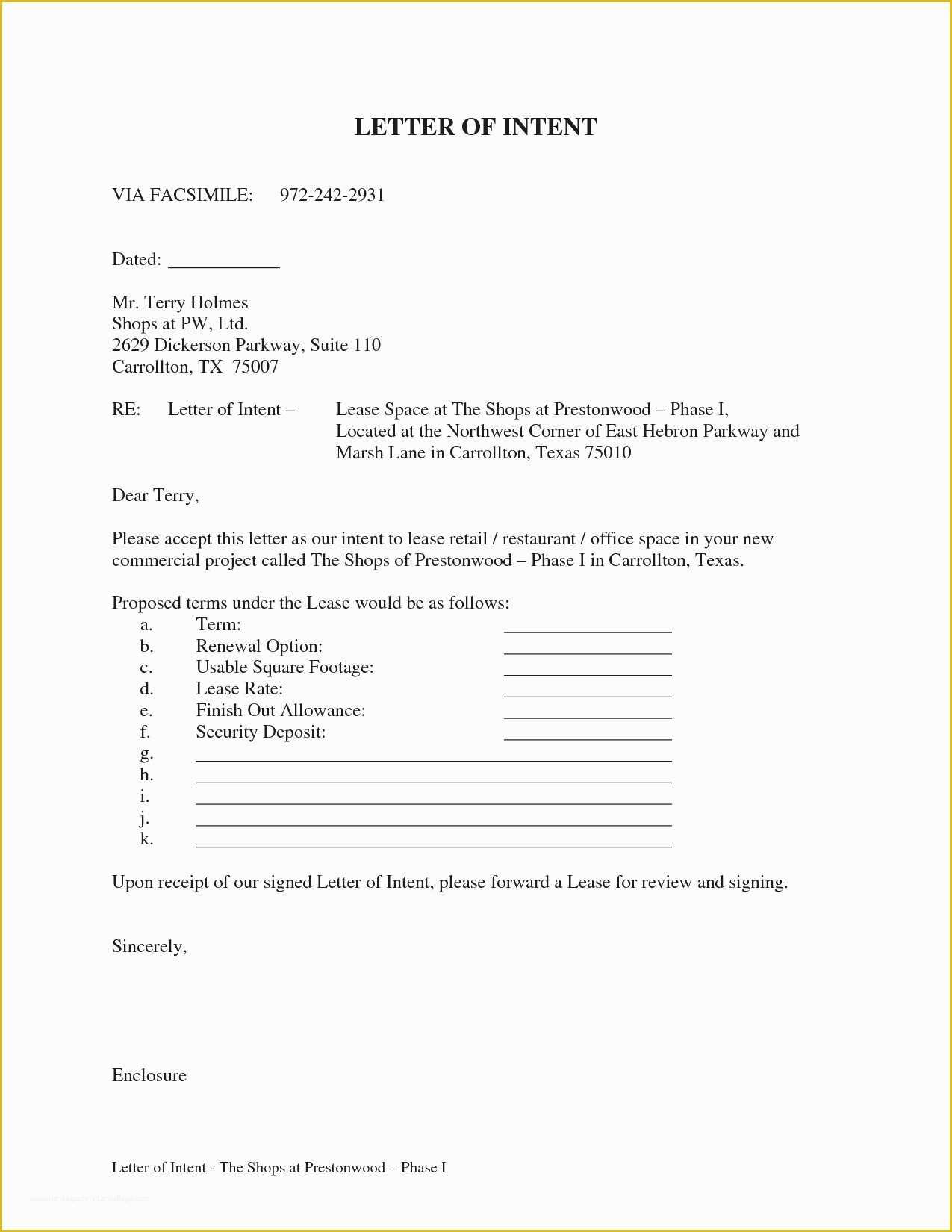 Letter Of Intent to Lease Template Free Of Letter Intent to Lease Mercial Property Template Gallery
