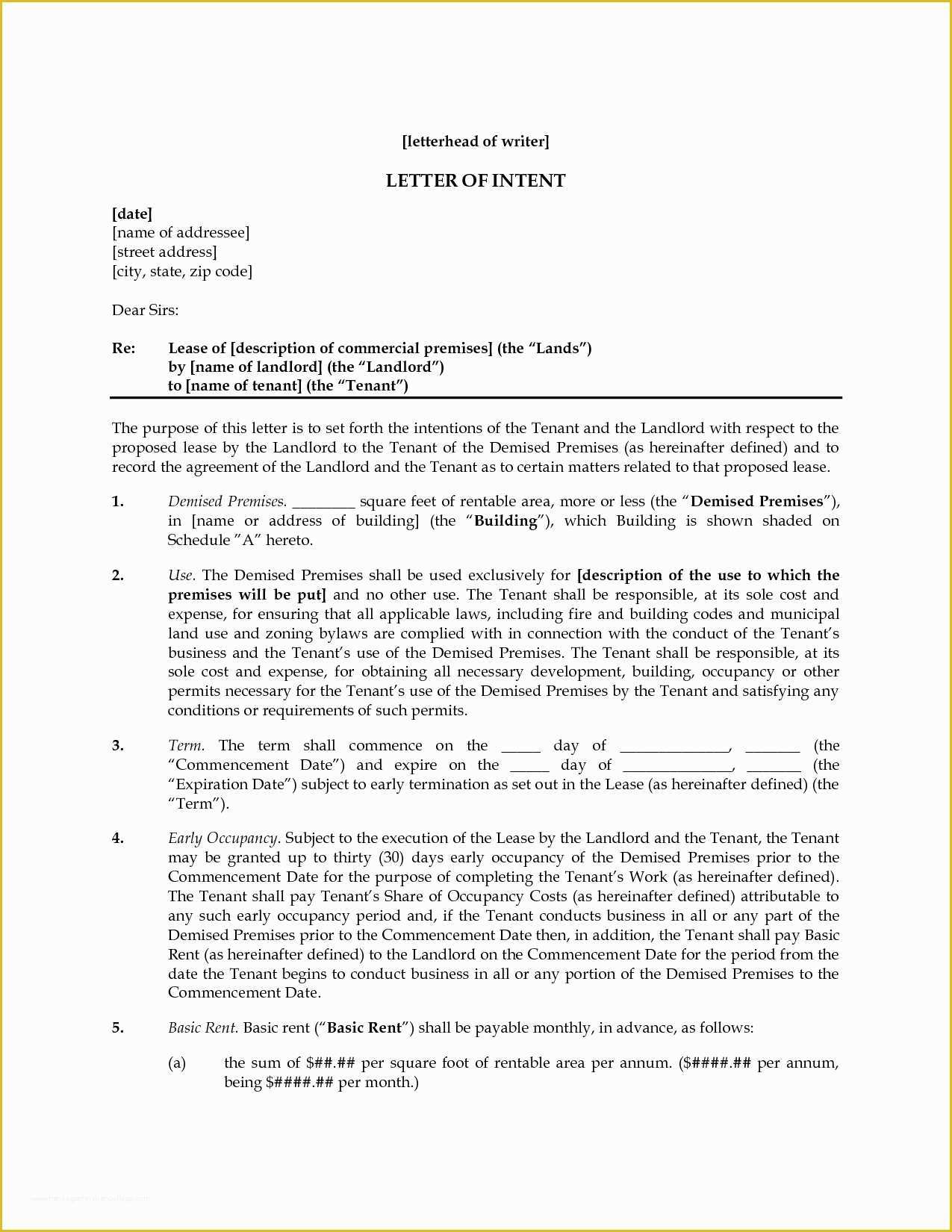 Letter Of Intent to Lease Template Free Of Letter Intent to Lease Mercial Space Template