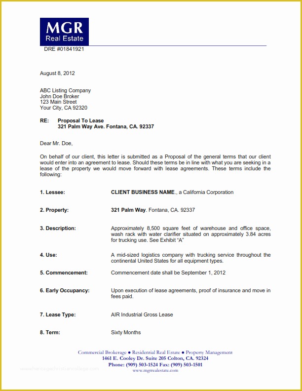 Letter Of Intent to Lease Template Free Of Merical Lease Prposals
