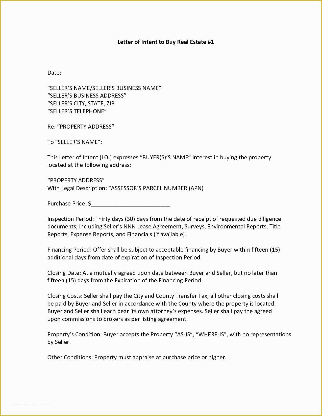 Letter Of Intent to Purchase Business Template Free Of Letter Intent to Purchase Land Template Examples