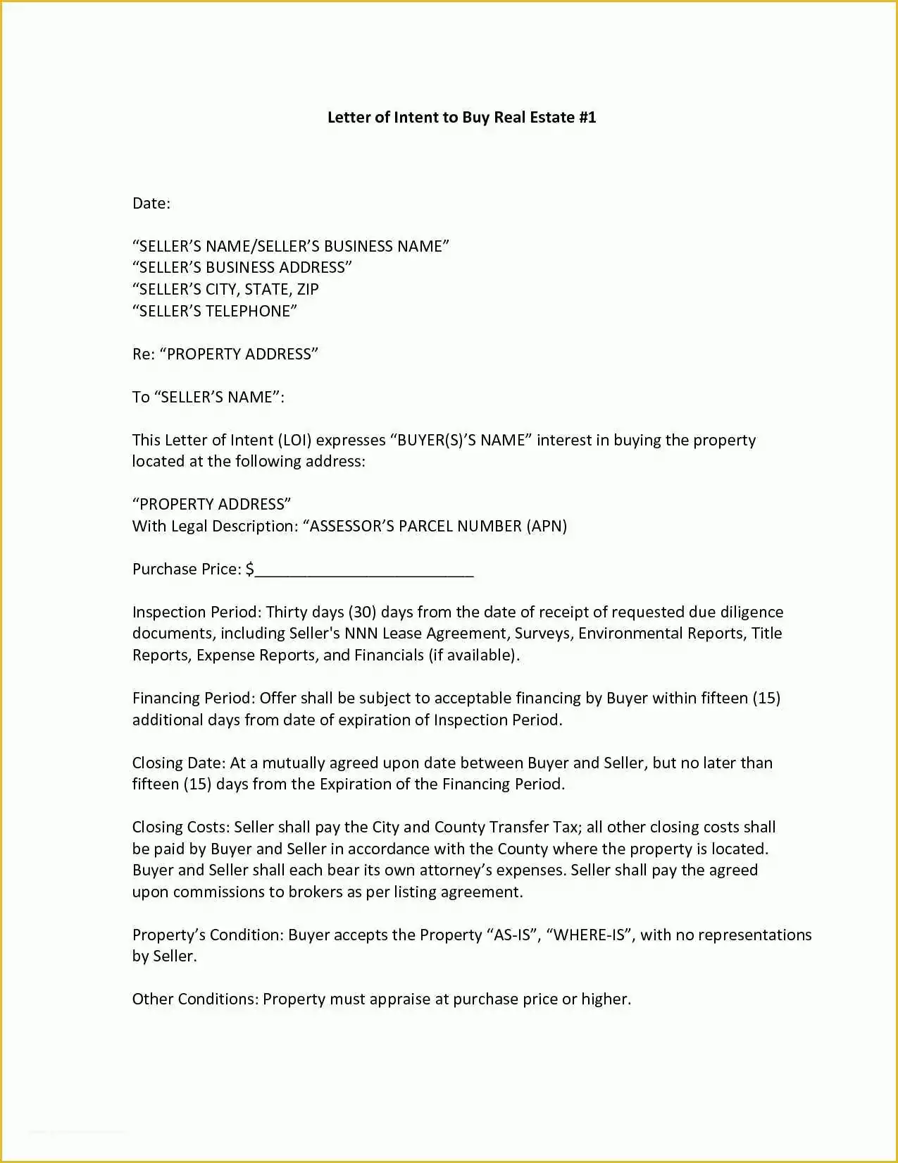 Letter Of Intent to Purchase Business Template Free Of Letter Intent to Purchase Land Template Examples