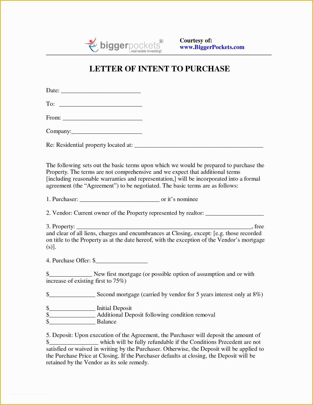 Letter Of Intent to Purchase Business Template Free Of Letter Intent to Purchase Land Template Examples
