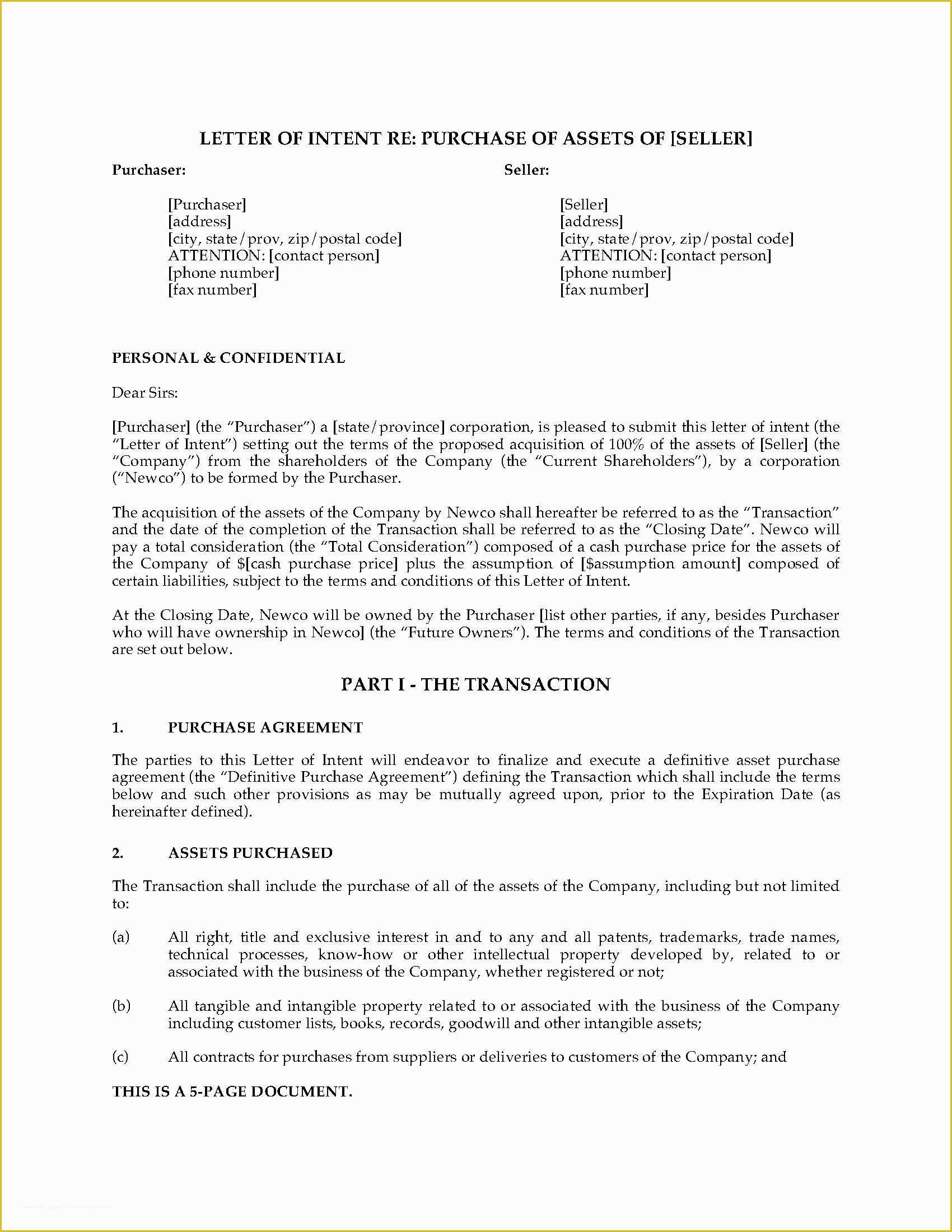 Letter Of Intent to Purchase Business Template Free Of Letter Of Intent to Purchase assets Of Business