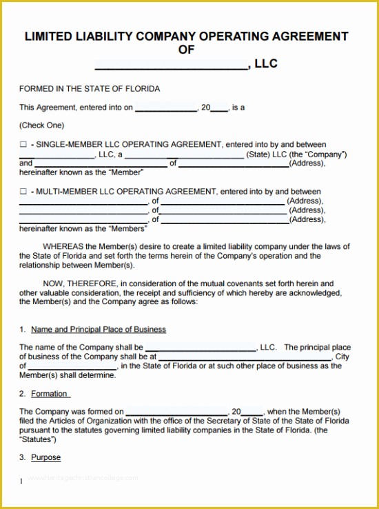 Limited Liability Company Operating Agreement Template Free Of Free Florida Llc Operating Agreement Template Pdf