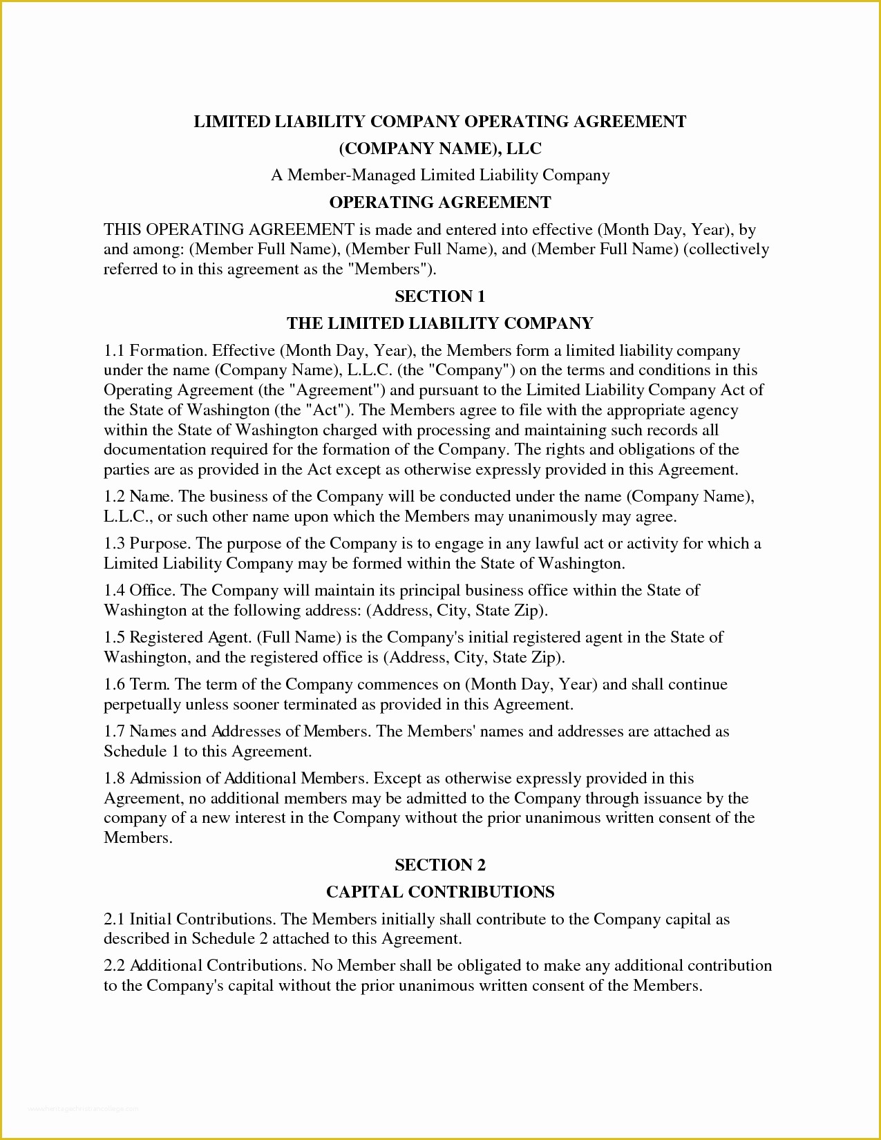 Limited Liability Company Operating Agreement Template Free Of Llc Operating Agreement Template