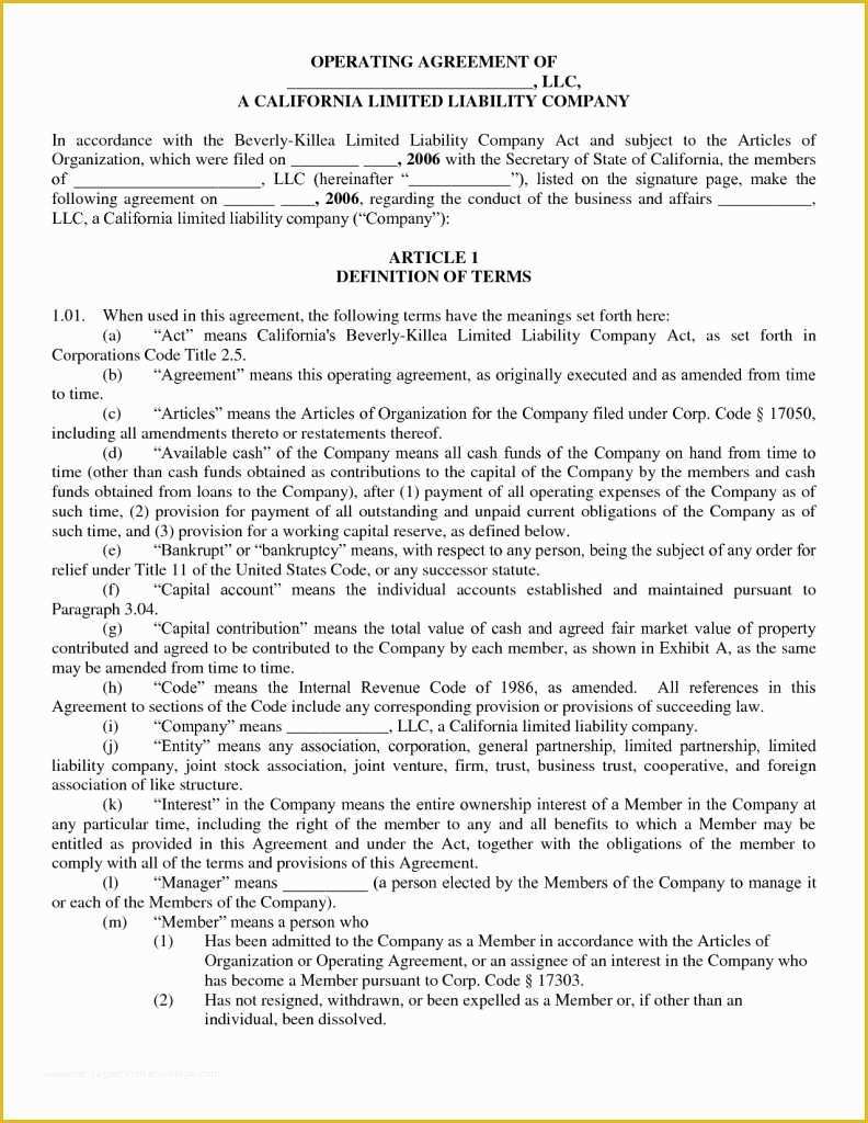 Limited Liability Company Operating Agreement Template Free Of Llc Operating Agreement Template