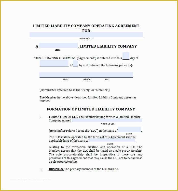 Limited Liability Company Operating Agreement Template Free Of Llc Operating Agreement Template