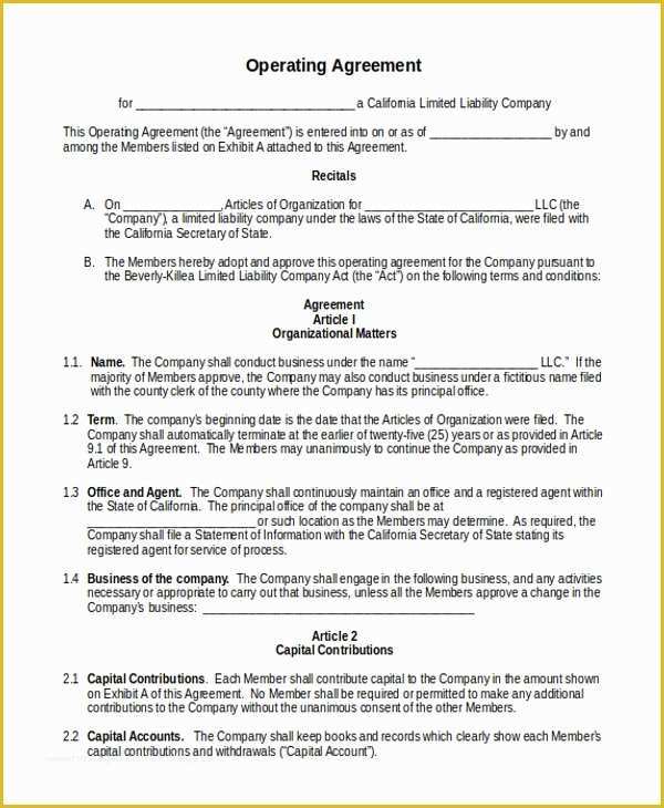 Limited Liability Company Operating Agreement Template Free Of Operating Agreement Llc California Template Operating