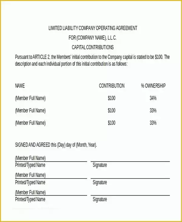 Limited Liability Company Operating Agreement Template Free Of Sample Operating Agreement form 10 Free Documents In