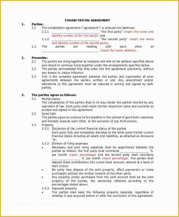 Living together Agreement Template Free Of Cohabitation Agreement Template 8 Free Word Pdf format