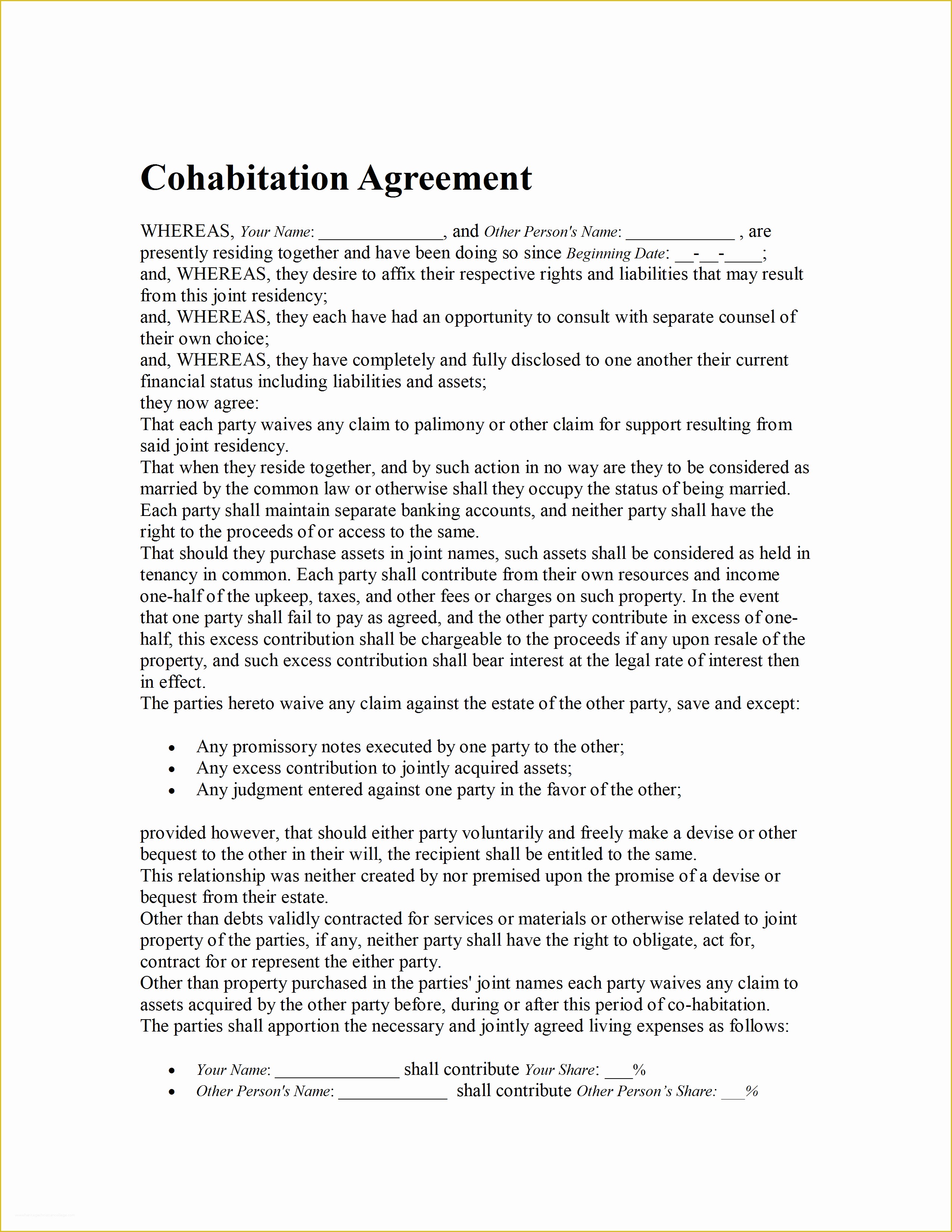 Living together Agreement Template Free Of Cohabitation Agreement Template