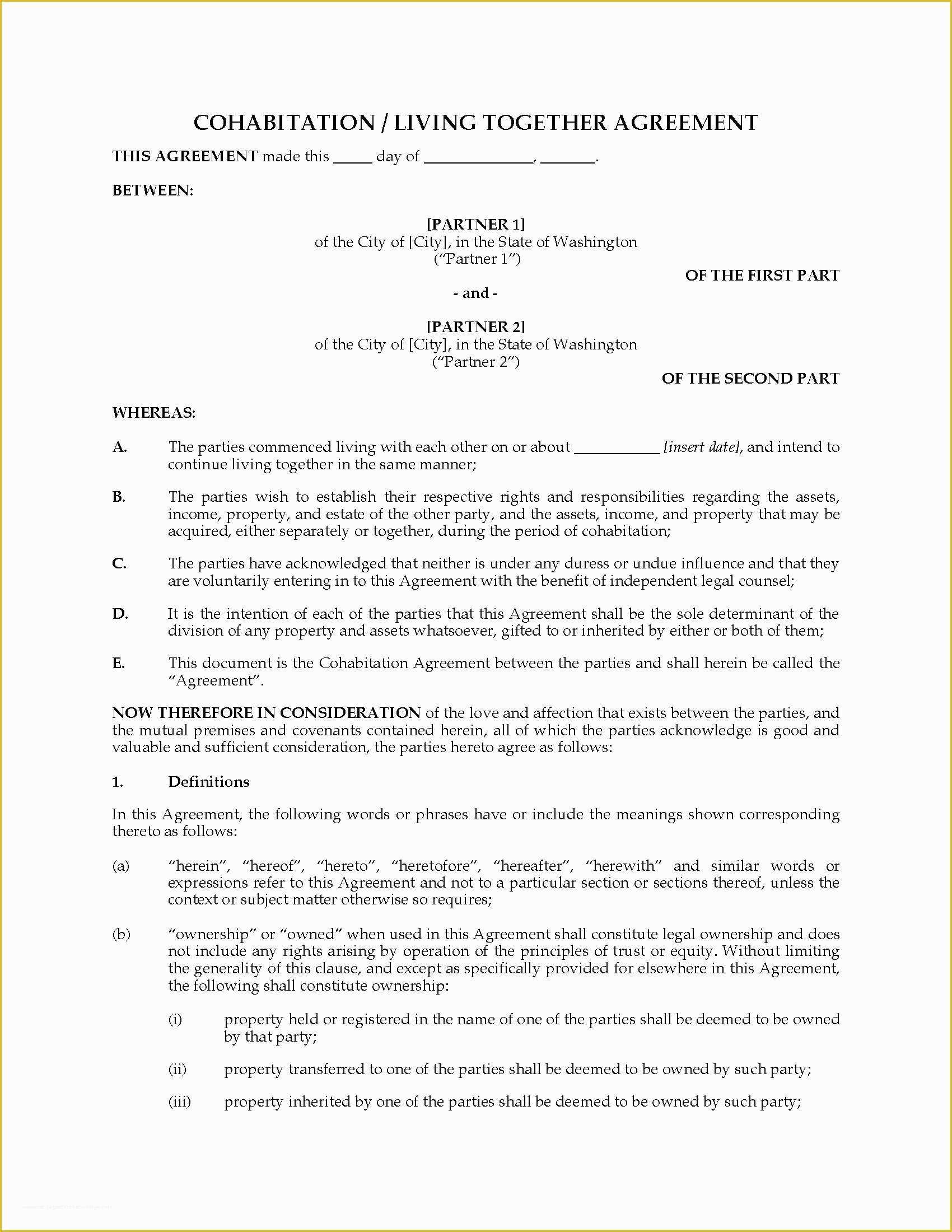 Living together Agreement Template Free Of Washington Cohabitation Living to Her Agreement