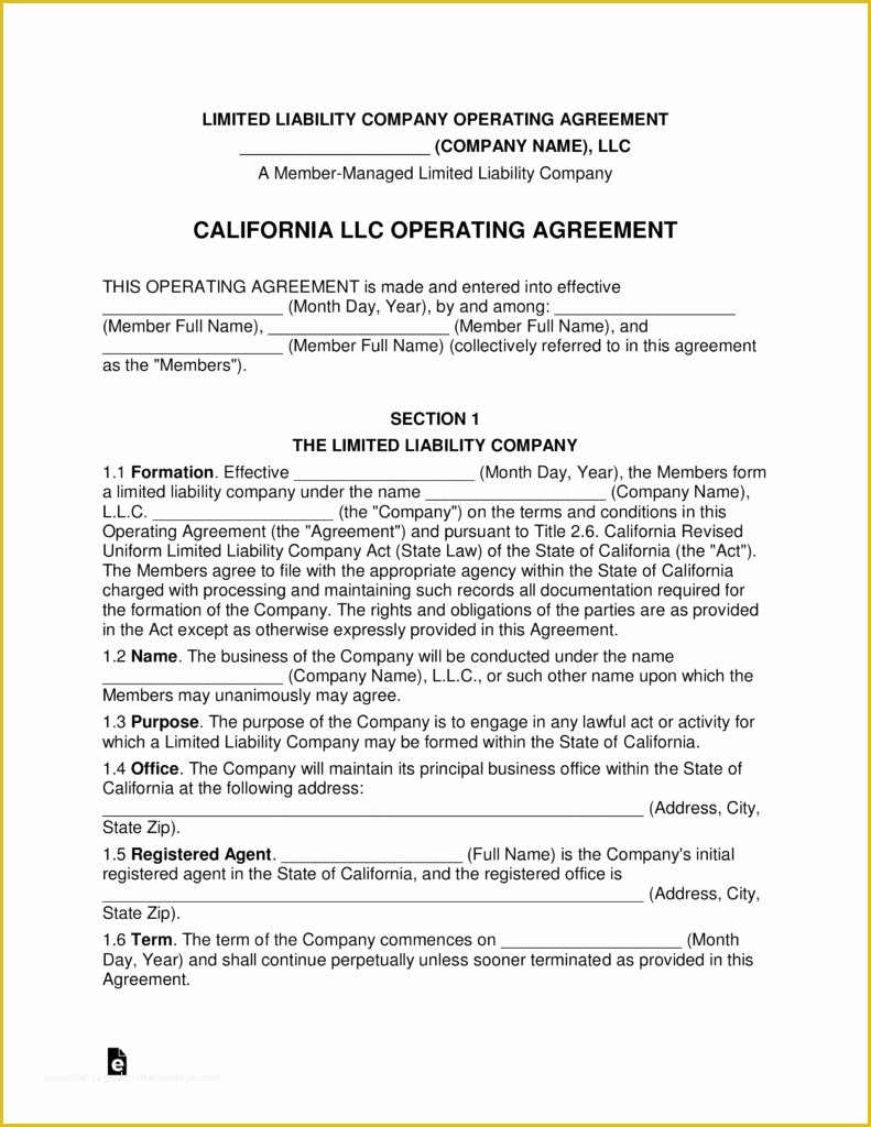 Llc Partnership Agreement Template Free Download Of Free California Multi Member Llc Operating Agreement form