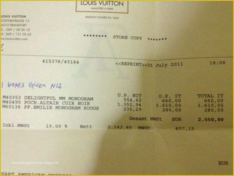 Louis Vuitton Receipt  Natural Resource Department