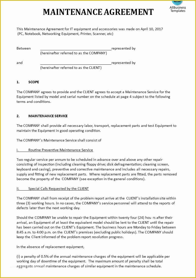 Maintenance Contract Template Free Of Free Maintenance Agreement It Equipment