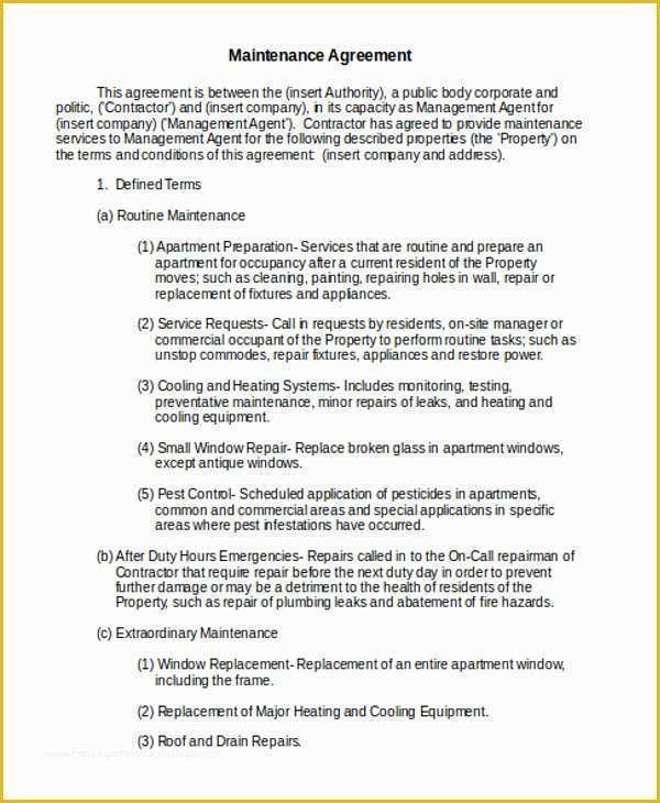 Maintenance Contract Template Free Of Maintenance Agreement Templates 9 Free Word Pdf format