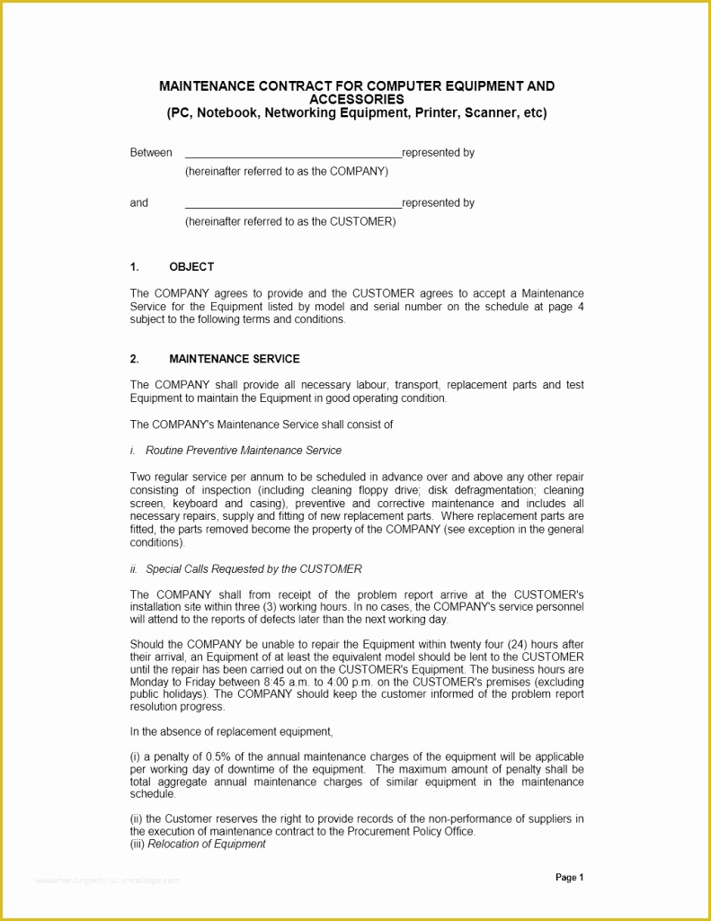 Maintenance Contract Template Free Of Maintenance Contract Template