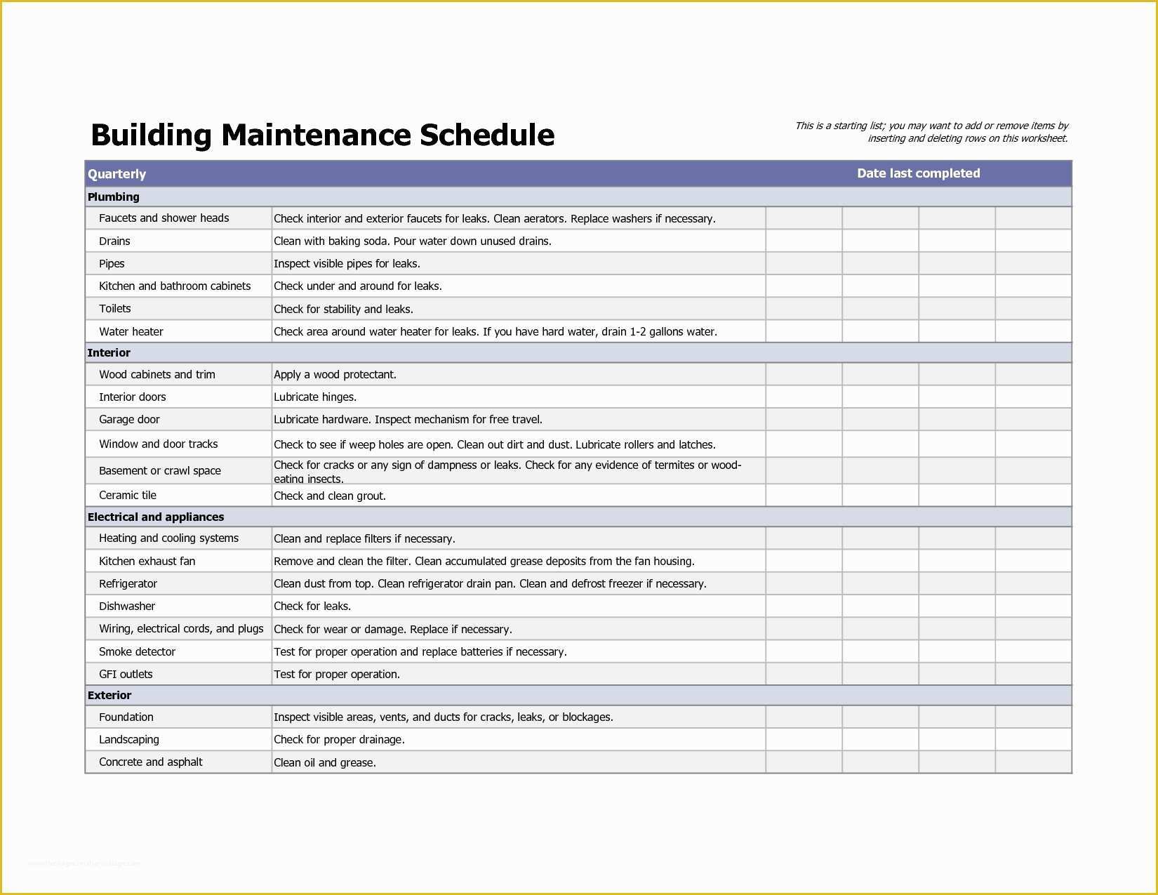 Maintenance Plan Template Free Download Of Building Maintenance Schedule Excel Template