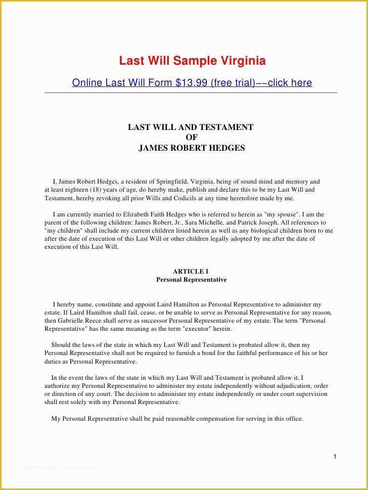Make A Will for Free Template Of Last Will Sample Virginia